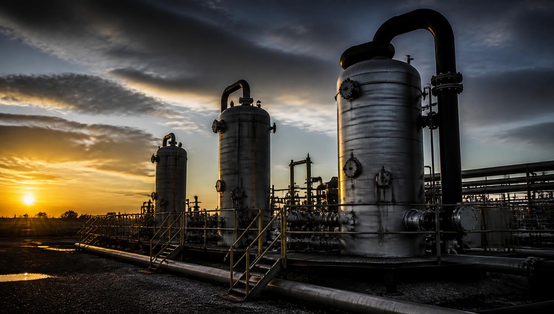 Oilfield production facility with separator vessels at dusk